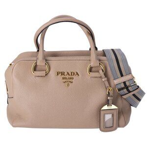 PRADA Vitello Phenix Bauletto Handbag 1BB086 Taupe Pebbled Leather